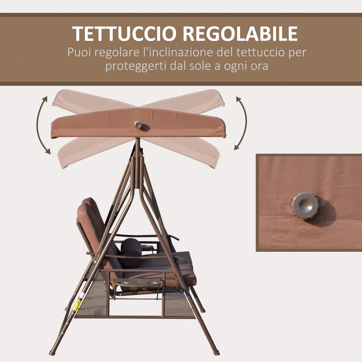 easycomfort dondolo da giardino 2 posti con tettuccio regolabile e porta bicchieri 157x118x180 cm marrone