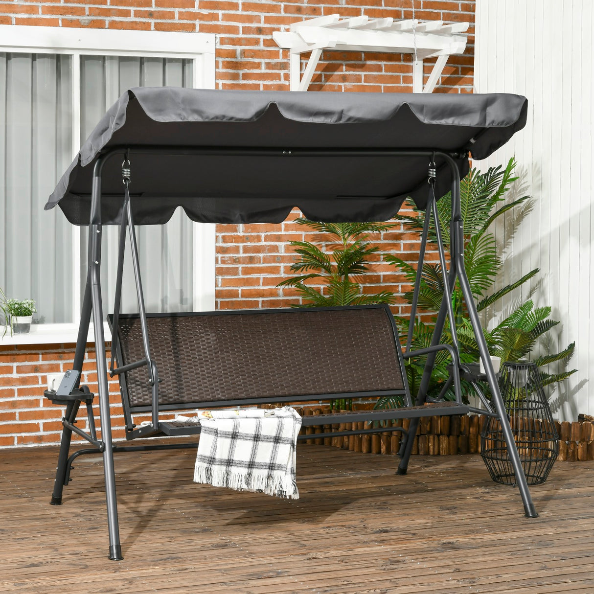 easycomfort dondolo da giardino 3 posti in rattan pe e acciaio con tettuccio regolabile e portabicchieri 204x112x150 cm