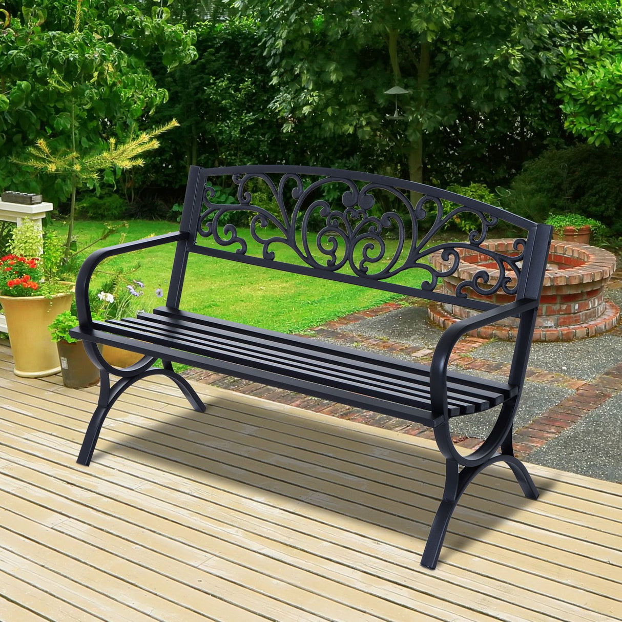 easycomfort easycomfort panchina da esterno in ghisa lavorata nero 127x60x85cm