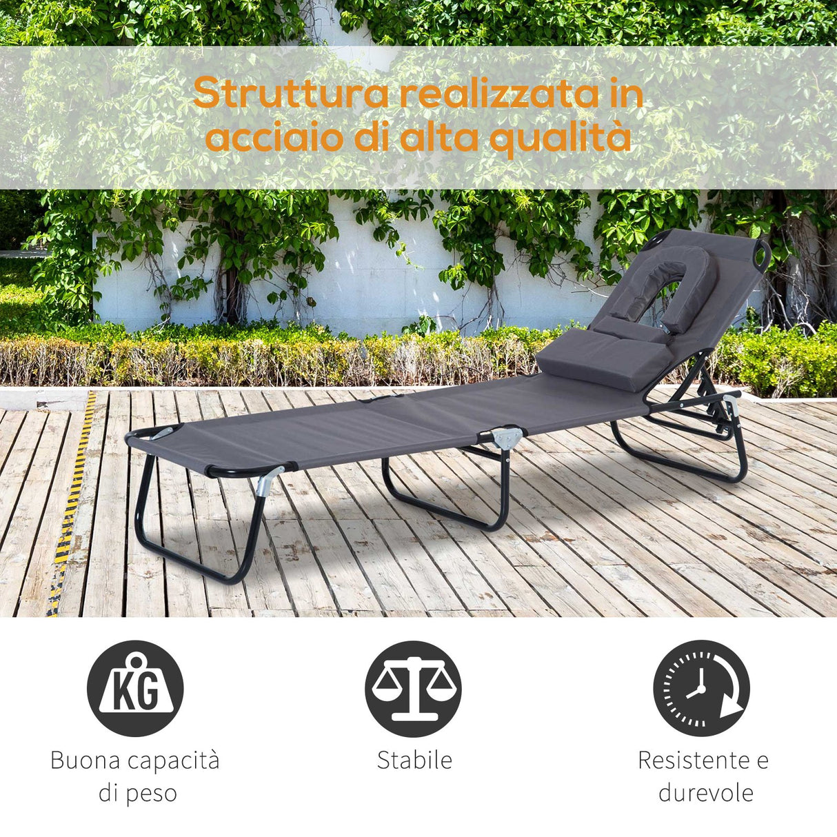 easycomfort easycomfort lettino prendisole relax pieghevole con cuscino poggiatesta grigio