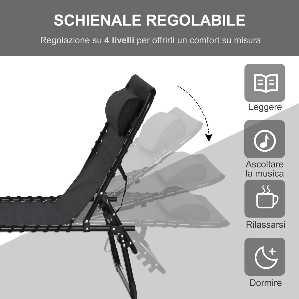 easycomfort easycomfort lettino prendisole in acciaio e tessuto traspirante con schienale reclinabile 197x58x26 cm nero