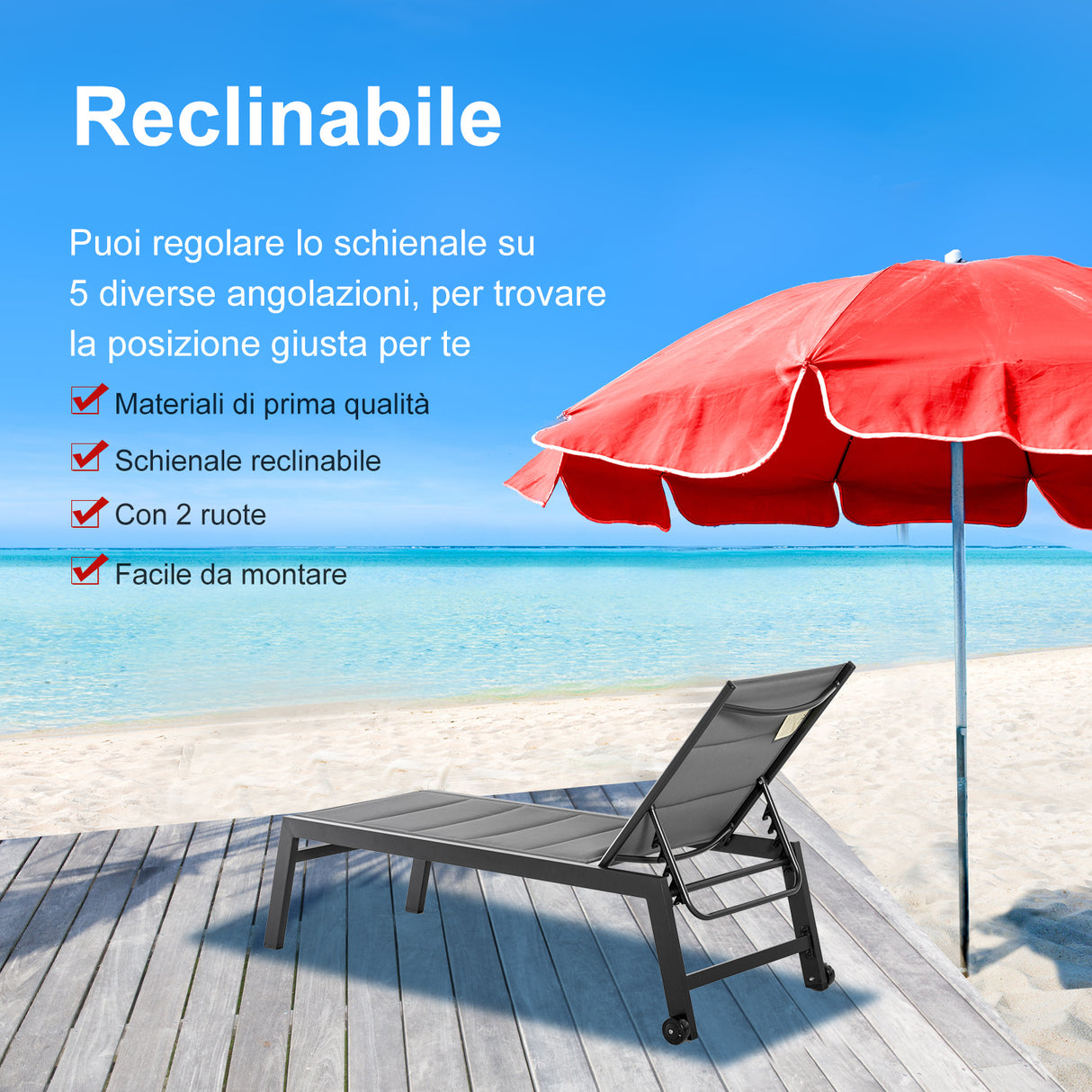 easycomfort easycomfort sdraio da giardino reclinabile su 5 livelli rivestimento imbottito alluminio e textilene grigio