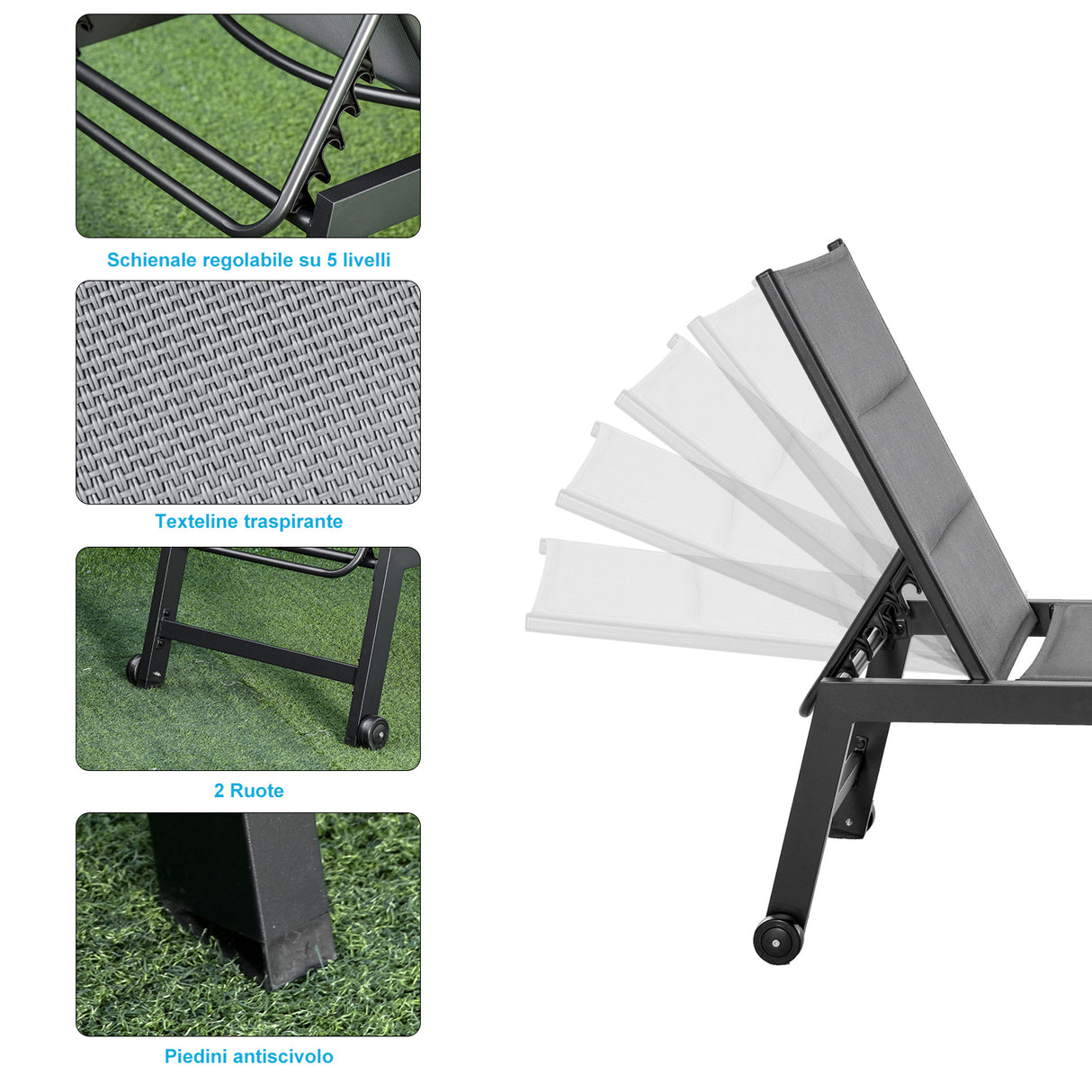 easycomfort easycomfort sdraio da giardino reclinabile su 5 livelli rivestimento imbottito alluminio e textilene grigio