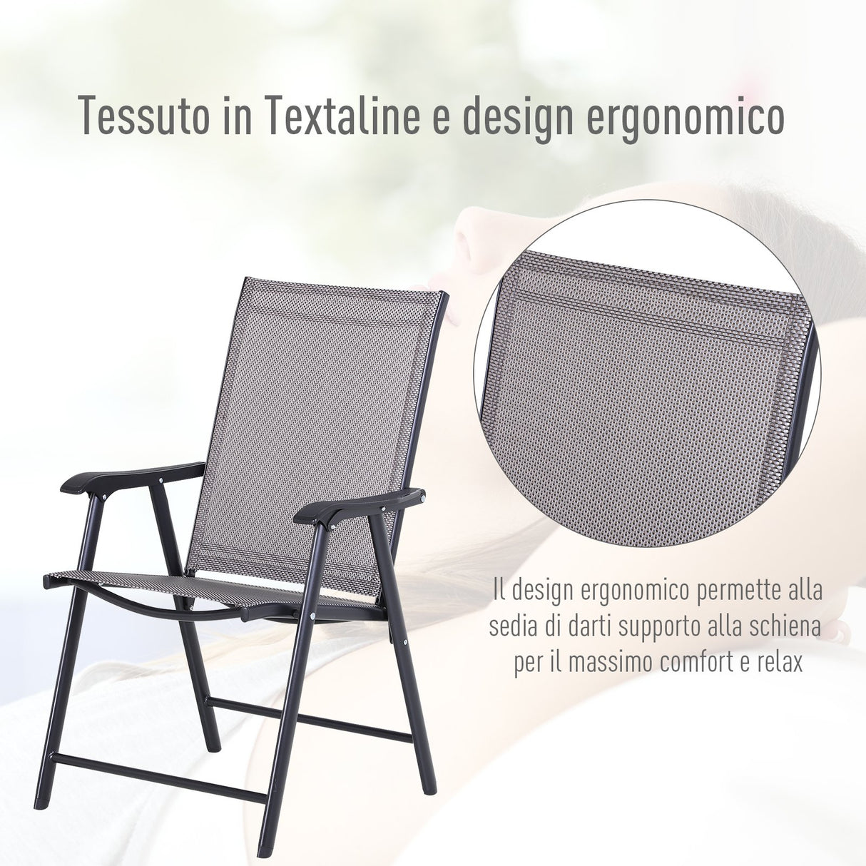 easycomfort easycomfort set di 4 sedie pieghevoli da esterni in acciaio e textilene grigio e nero