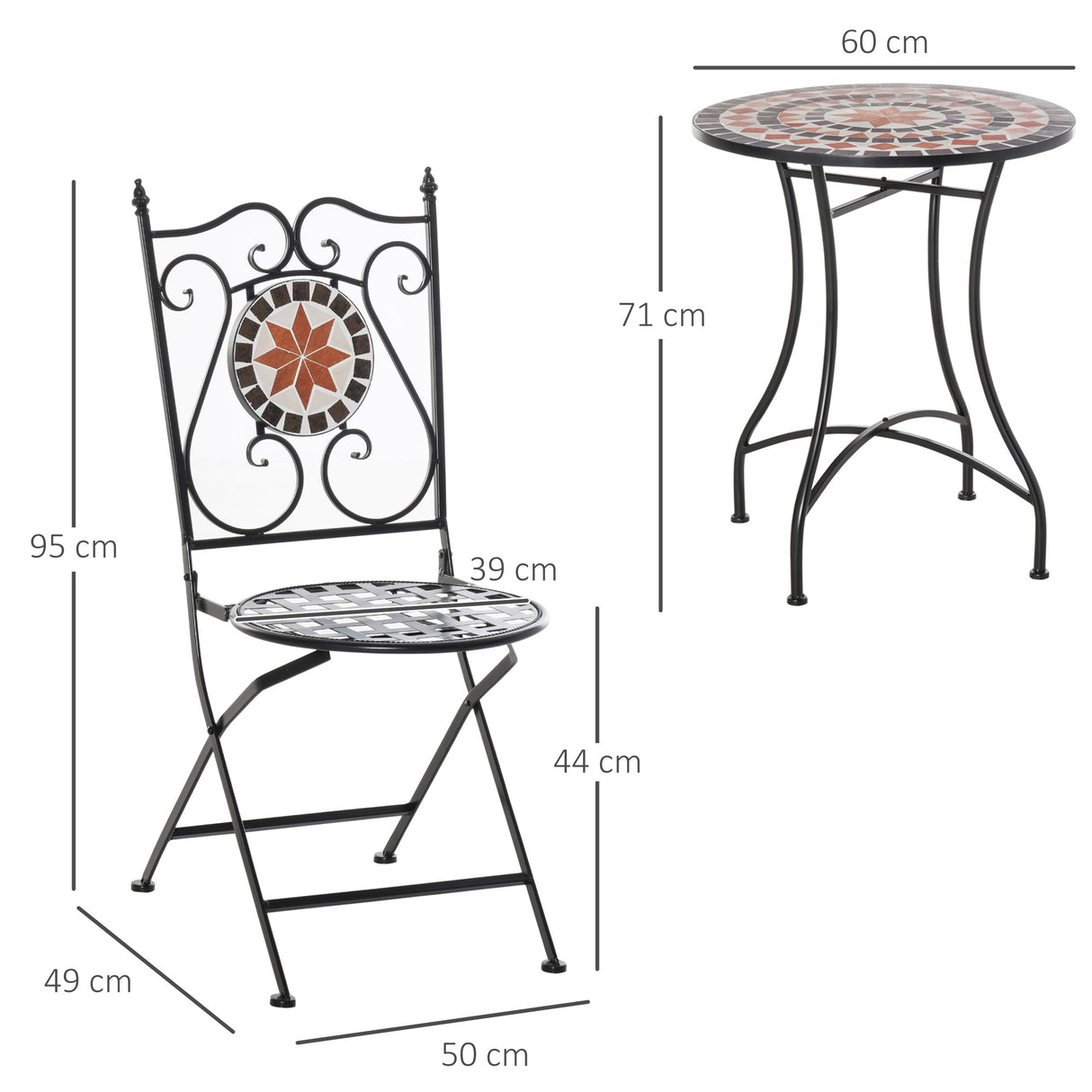 easycomfort mobili da giardino set da 3 pezzi con 2 sedie pieghevoli e 1 tavolino in metallo e ceramica