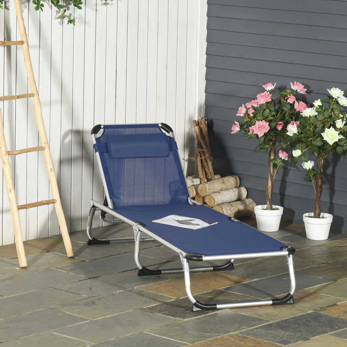 easycomfort easycomfort sdraio da giardino pieghevole con poggiatesta lettino prendisole con schienale regolabile blu scuro