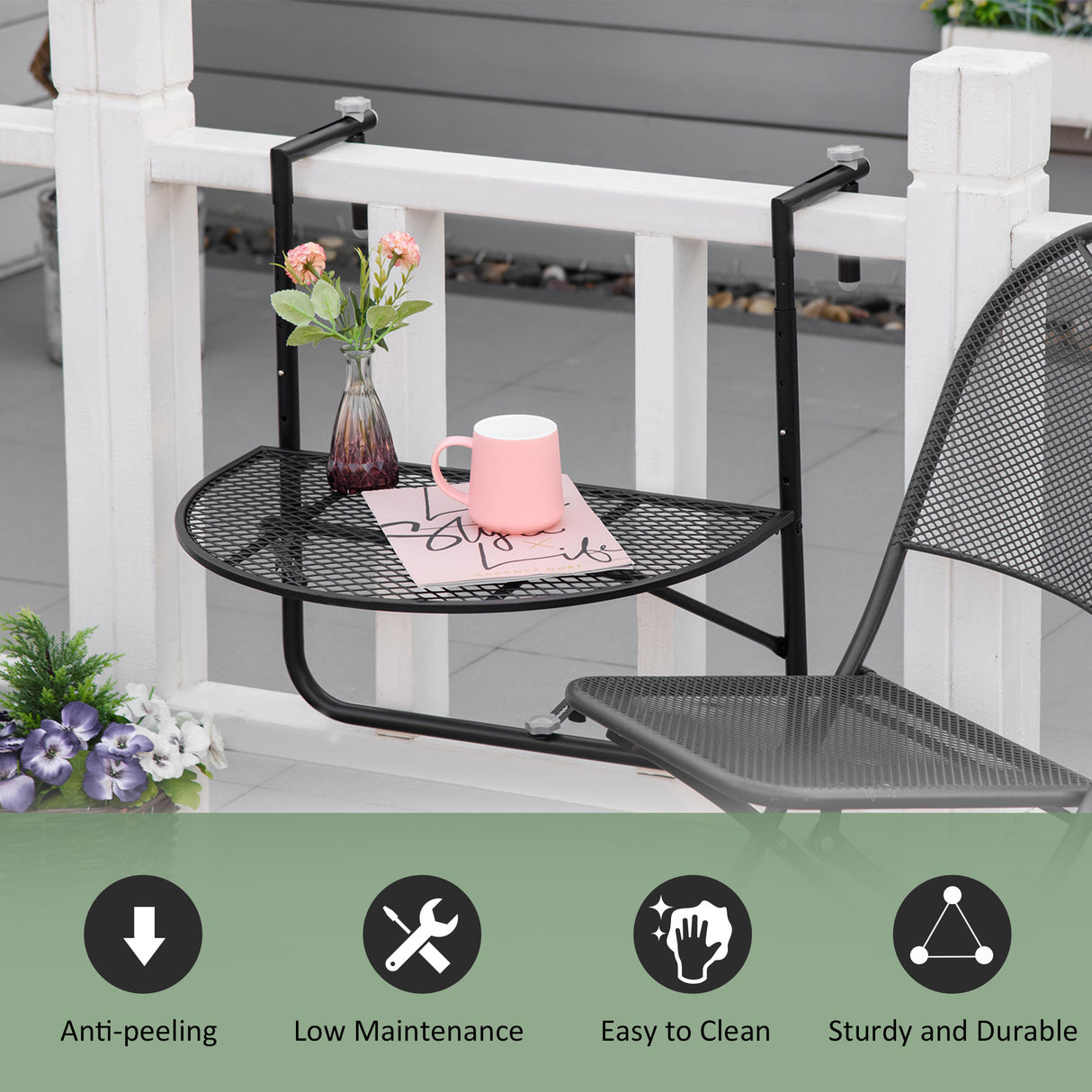 easycomfort tavolo da ringhiera pieghevole e regolabile in metallo 60x60x57 72cm nero