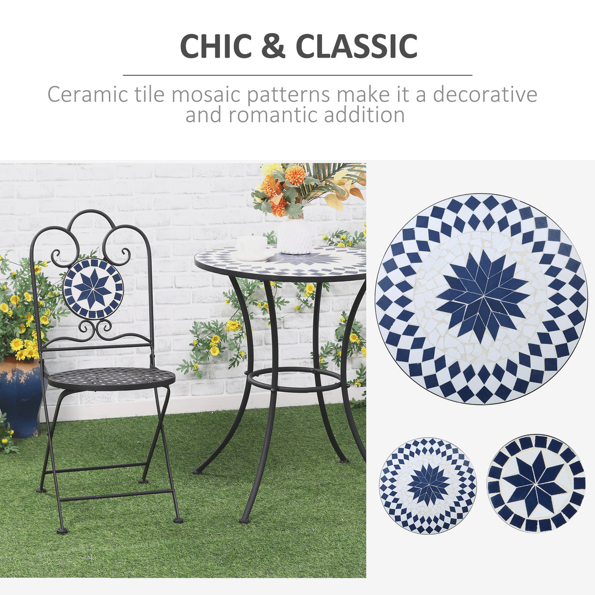 easycomfort set da giardino 3 pezzi con 2 sedie pieghevoli e 1 tavolino rotondo a mosaico