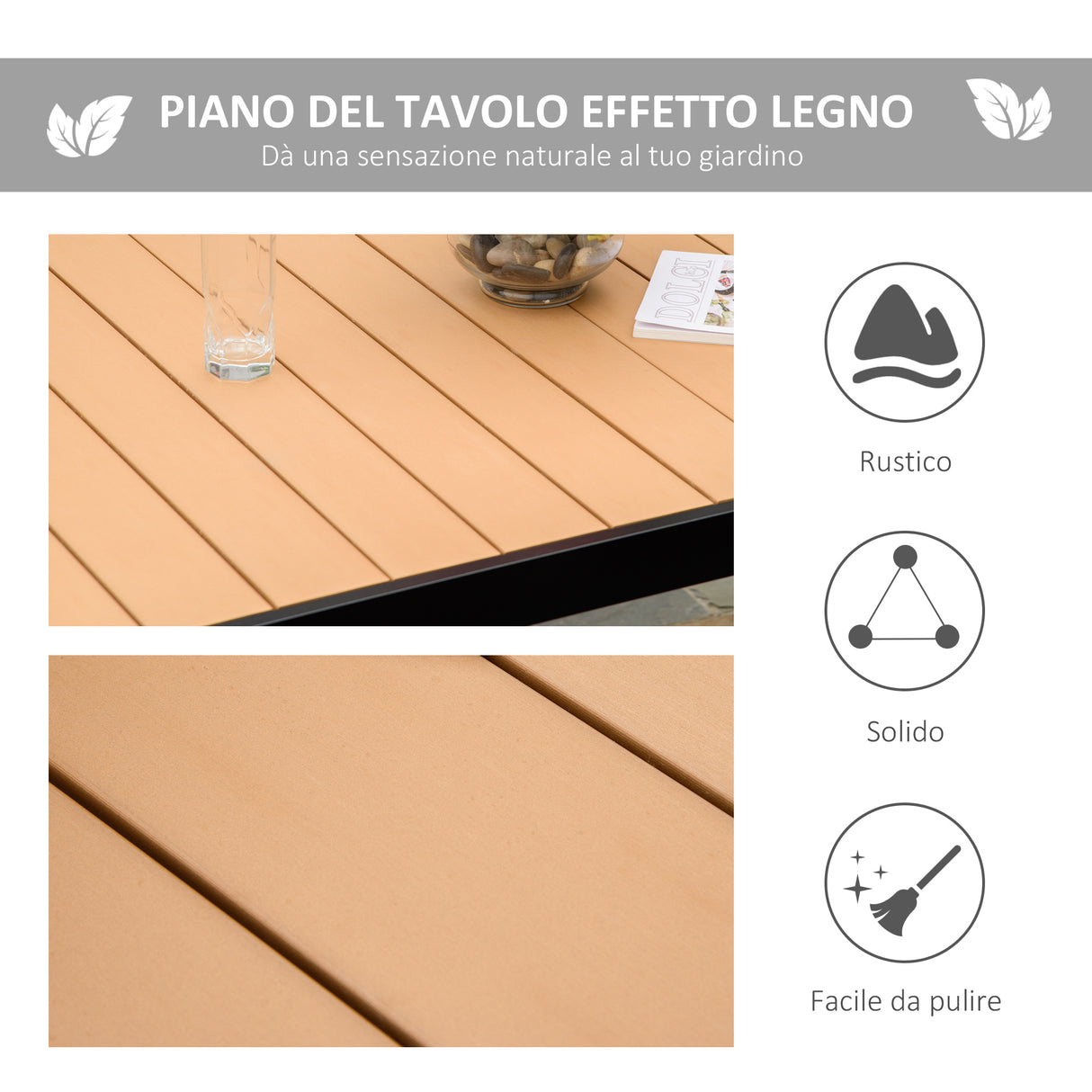 easycomfort tavolo da giardino per 6 persone in alluminio e plastica nero e color legno 33072