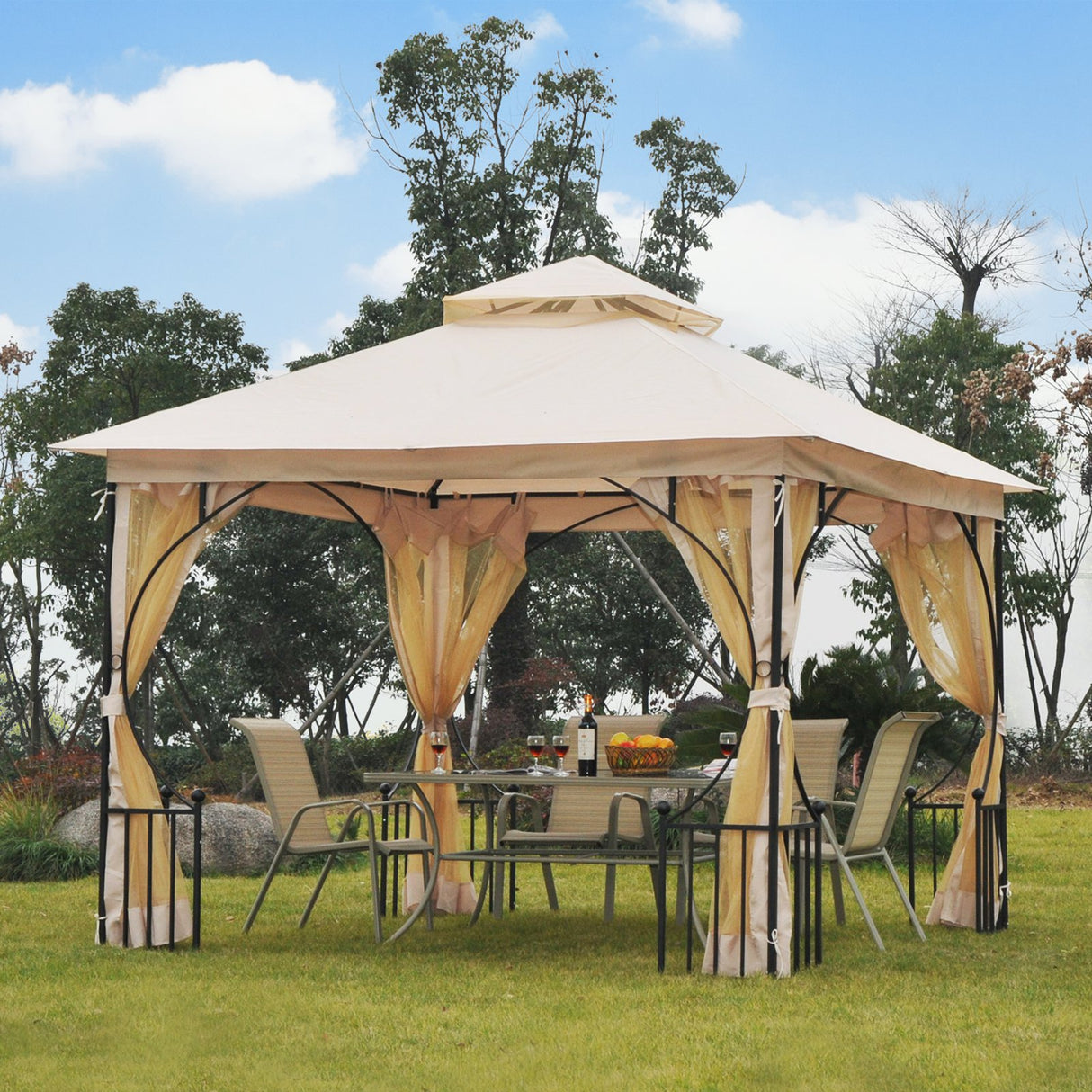 easycomfort easycomfort gazebo da giardino 3x3m in metallo con doppio tettuccio e pareti in poliestere beige