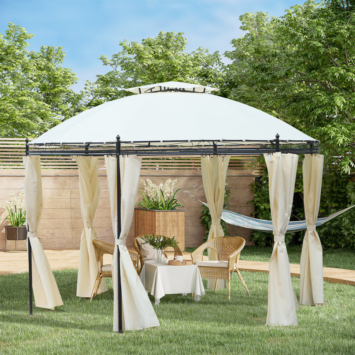 easycomfort gazebo da giardino rotondo con doppio tettuccio cinghie e tende o3.5x2.8m bianco