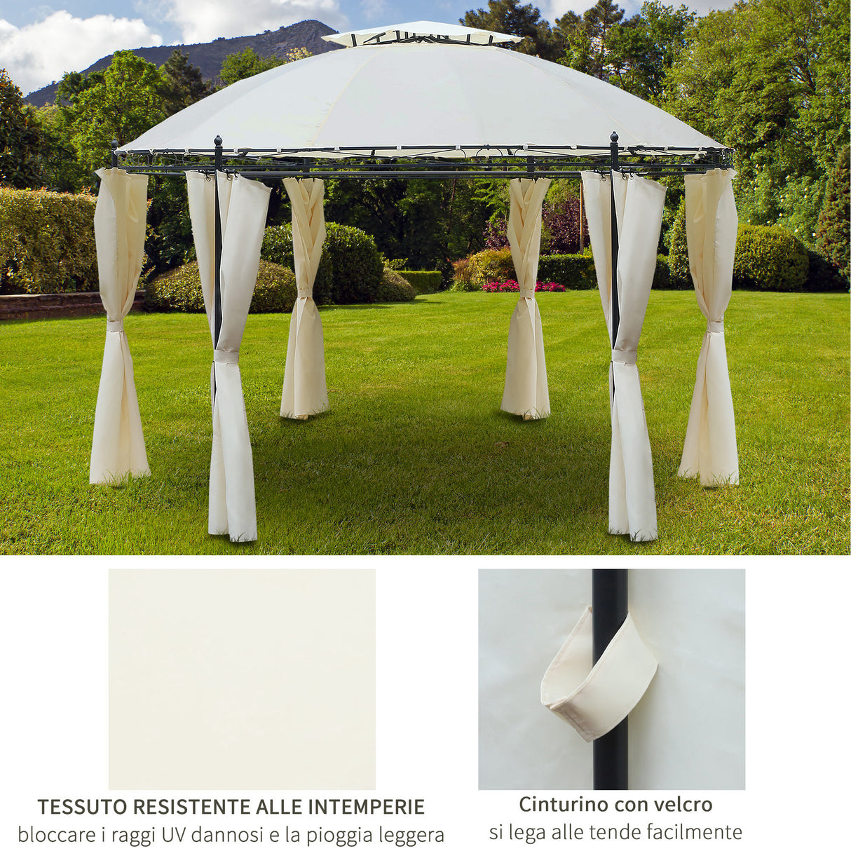 easycomfort gazebo da giardino rotondo con doppio tettuccio cinghie e tende o3.5x2.8m bianco