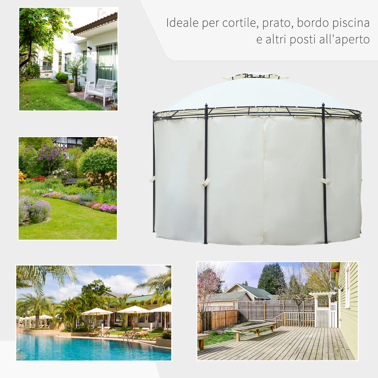 easycomfort gazebo da giardino rotondo con doppio tettuccio cinghie e tende o3.5x2.8m bianco