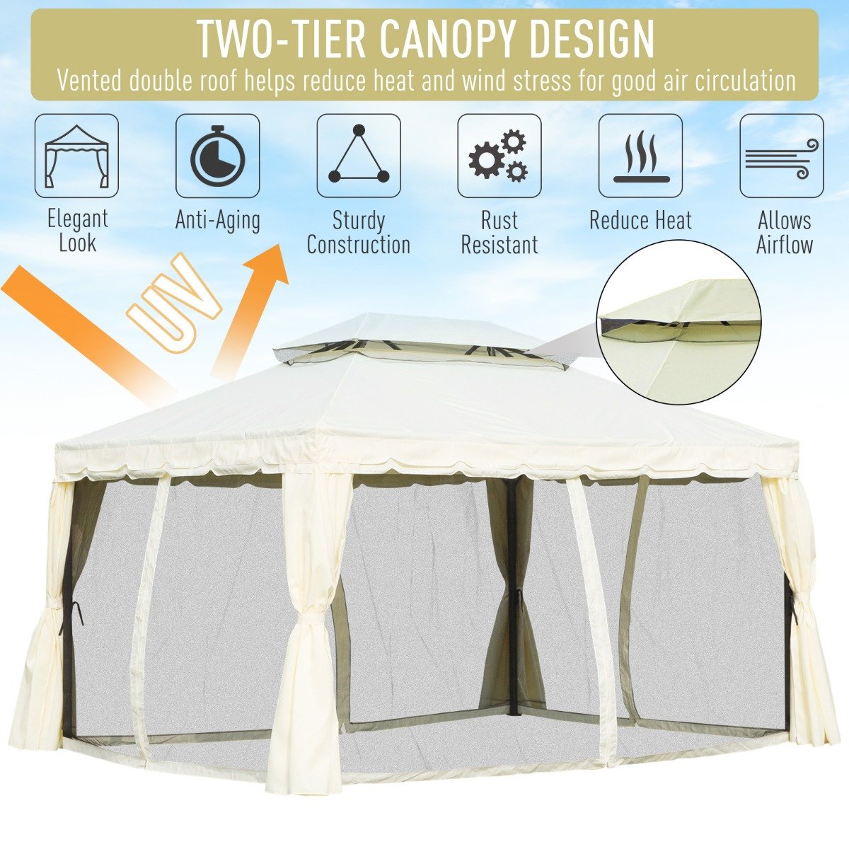 easycomfort easycomfort gazebo con doppio tetto zanzariere tende bianco crema 3x4m