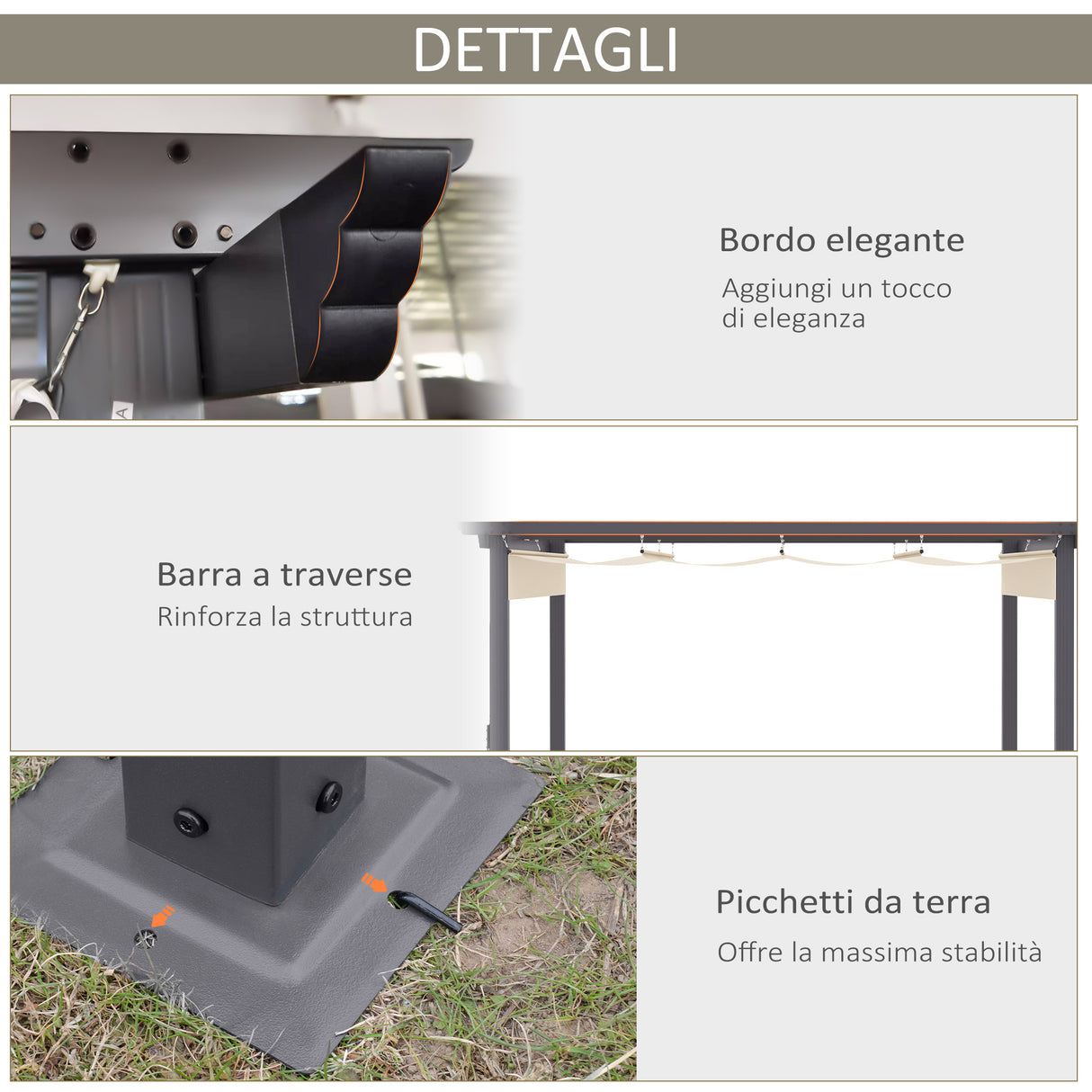 easycomfort gazebo pergola da giardino 3x3m con tenda retrattile in alluminio e poliestere bianco crema