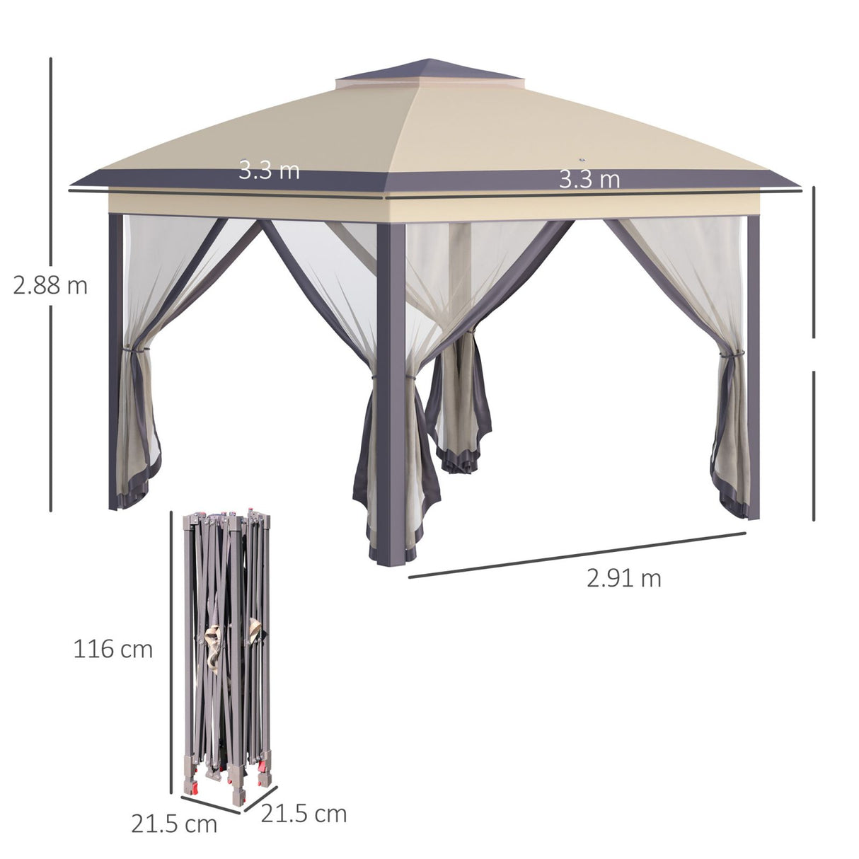 easycomfort gazebo da giardino pieghevole con zanzariera e altezza regolabile 330x330x288cm beige