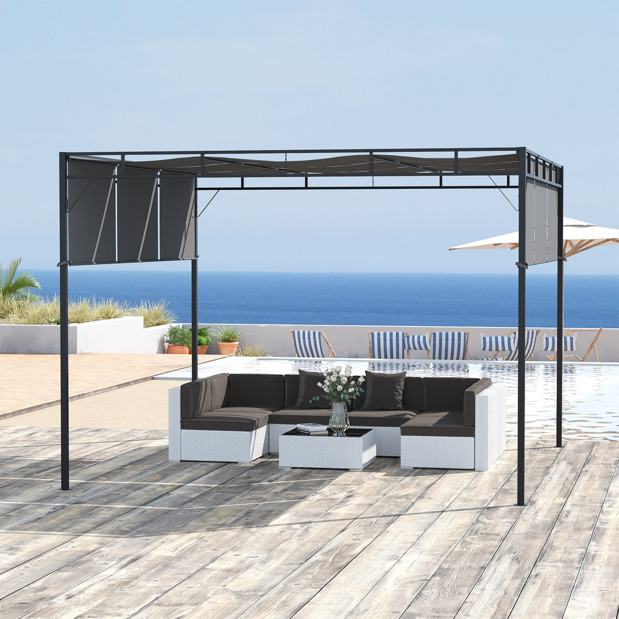 easycomfort gazebo a pergola 3x3m in acciaio con tettuccio scorrevole e 8 picchetti inclusi