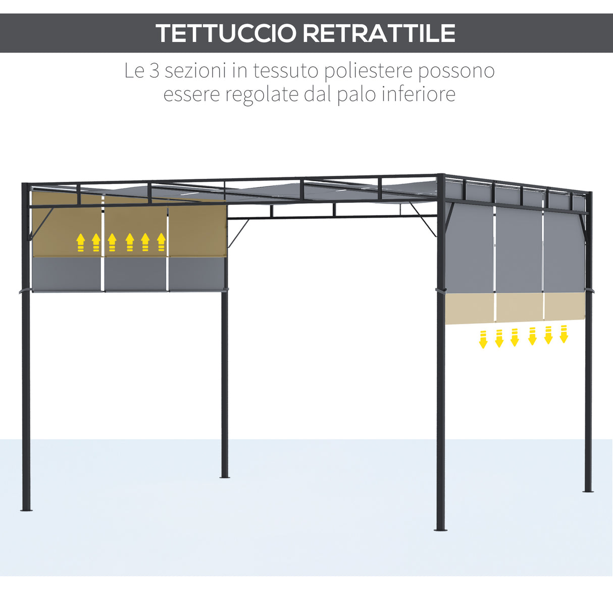 easycomfort gazebo a pergola 3x3m in acciaio con tettuccio scorrevole e 8 picchetti inclusi