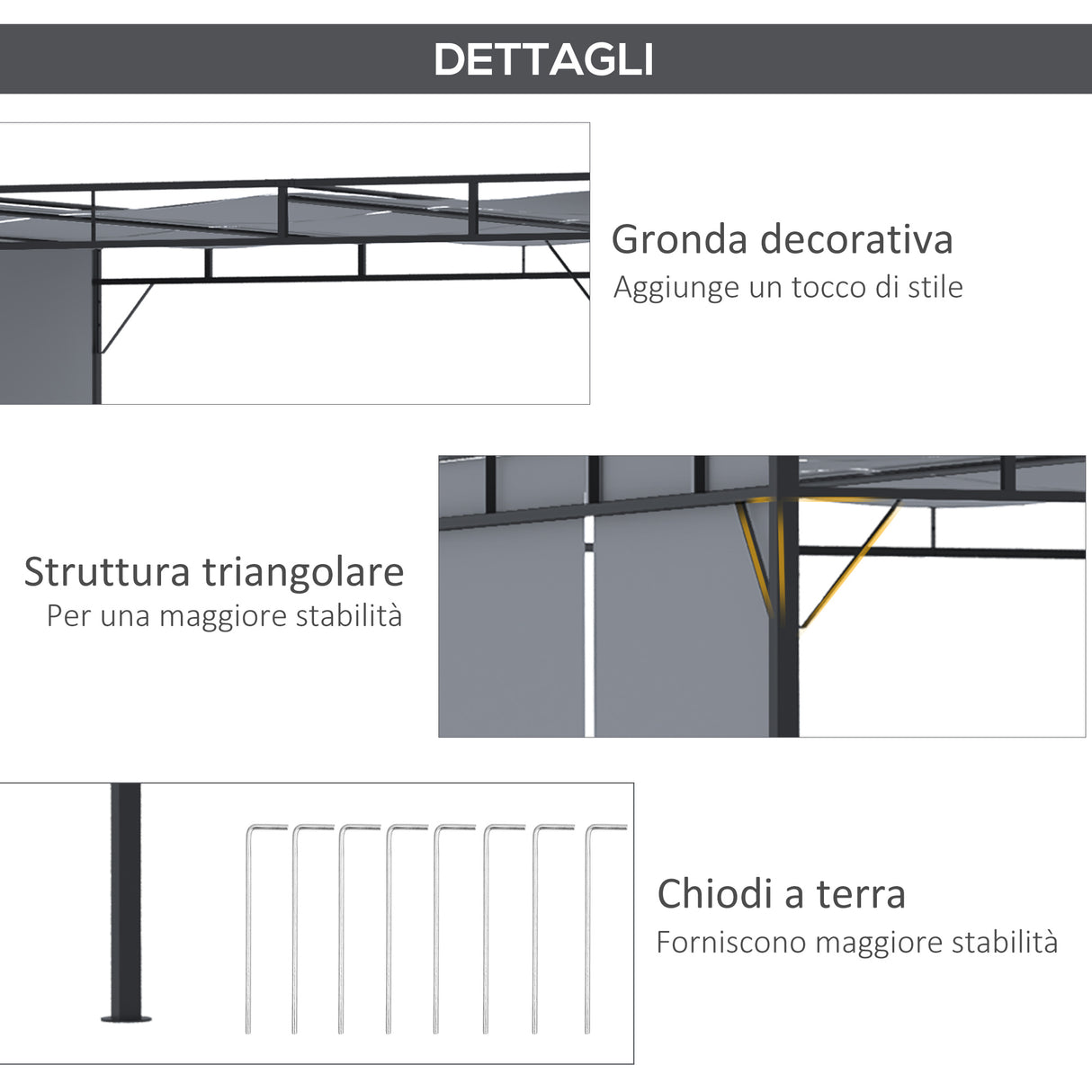 easycomfort gazebo a pergola 3x3m in acciaio con tettuccio scorrevole e 8 picchetti inclusi