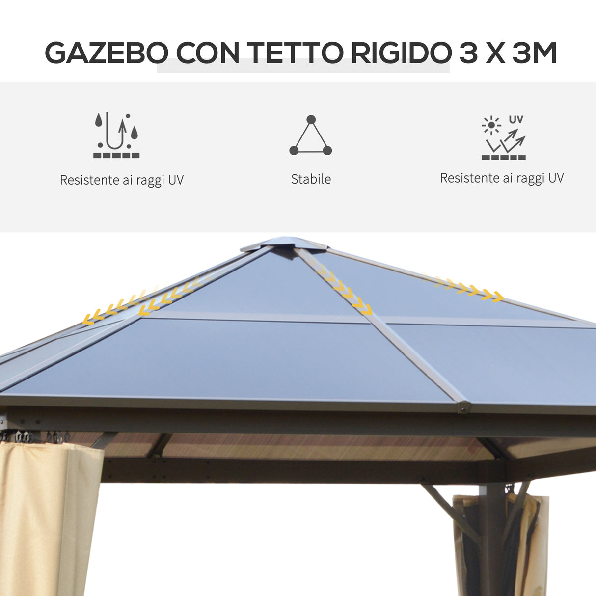 easycomfort gazebo da giardino 3x3m con tetto in policarbonato e zanzariere caffe e khaki