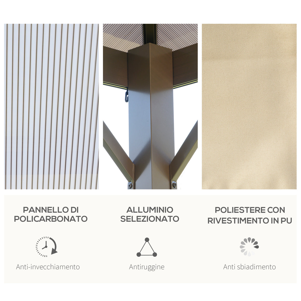 easycomfort gazebo da giardino 3x3m con tetto in policarbonato e zanzariere caffe e khaki