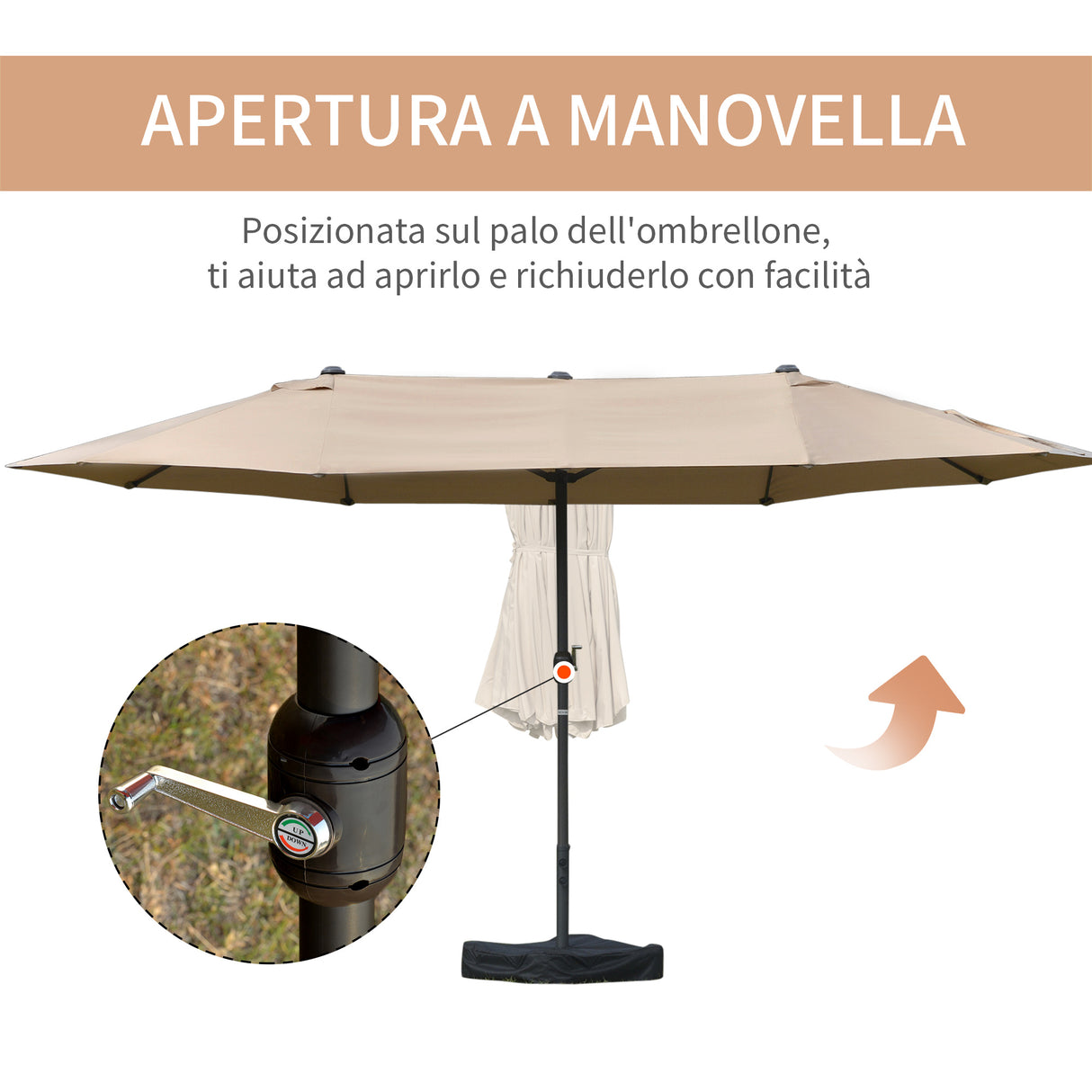 easycomfort ombrellone da giardino doppio 460x270cm apertura a manovella base a croce e zavorra acciaio e poliestere khaki