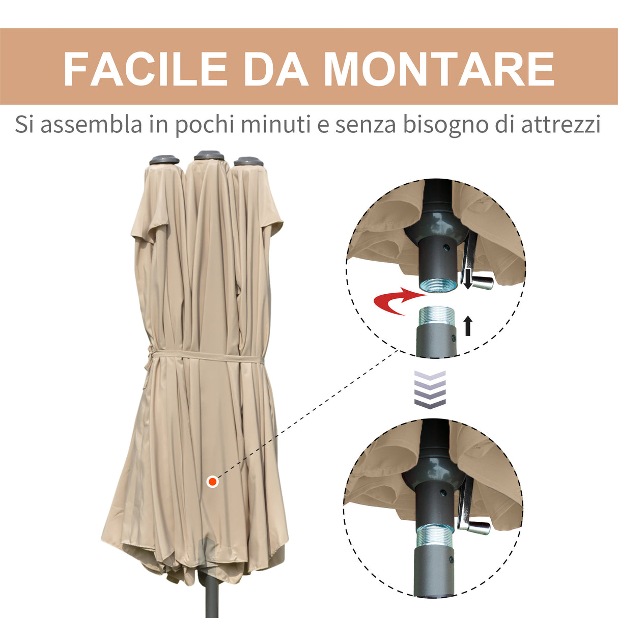 easycomfort ombrellone da giardino doppio 460x270cm apertura a manovella base a croce e zavorra acciaio e poliestere khaki