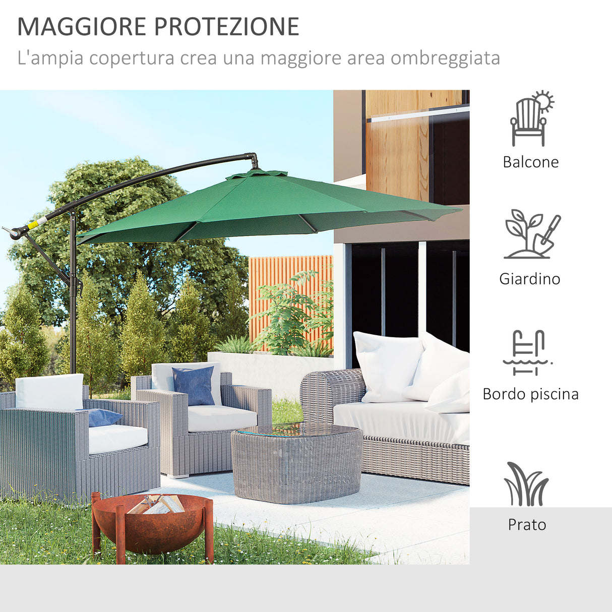 easycomfort easycomfort ombrellone impermeabile decentrato verde struttura in acciaio con manovella 300 x 250 cm