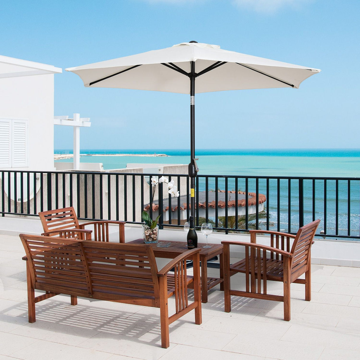 easycomfort easycomfort ombrellone da giardino inclinabile apertura a manovella palo in metallo e 8 stecche bianco crema 227cm