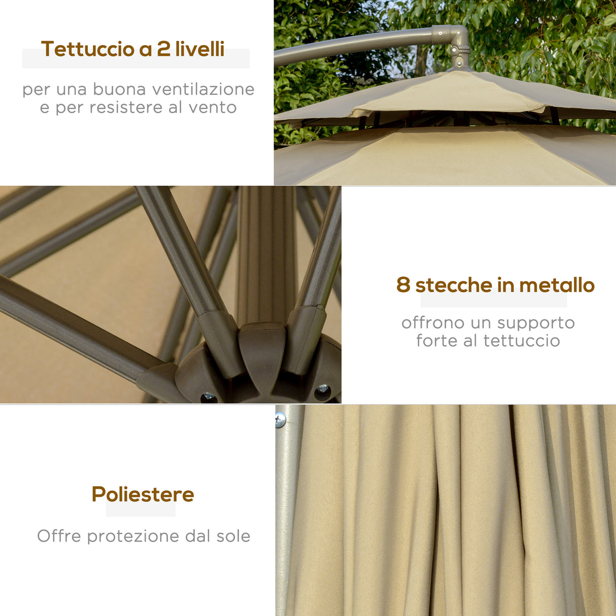 easycomfort ombrellone a braccio da esterni 2.7x2.7 cm con tettuccio regolabile a 2 livelli e base a croce marrone