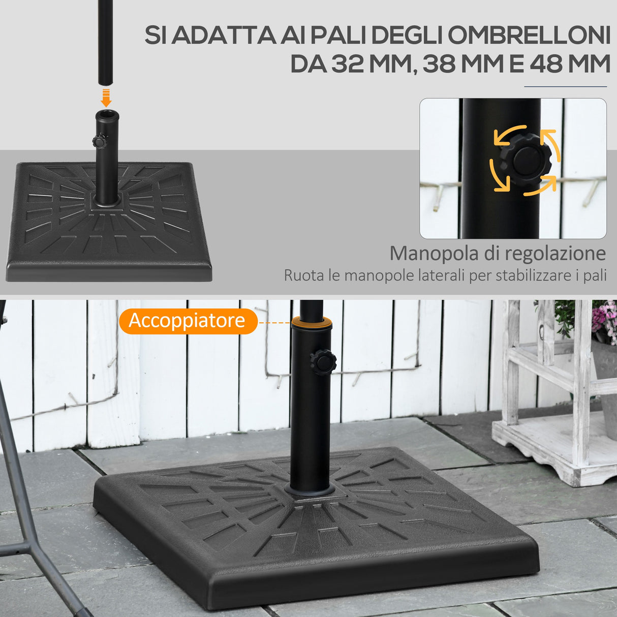 easycomfort base per ombrellone di 19kg e 51x51x32 cm in resina e acciaio per pali o32mm o38mm e o48mm nero