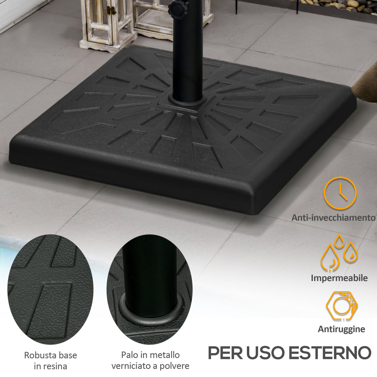 easycomfort base per ombrellone di 19kg e 51x51x32 cm in resina e acciaio per pali o32mm o38mm e o48mm nero
