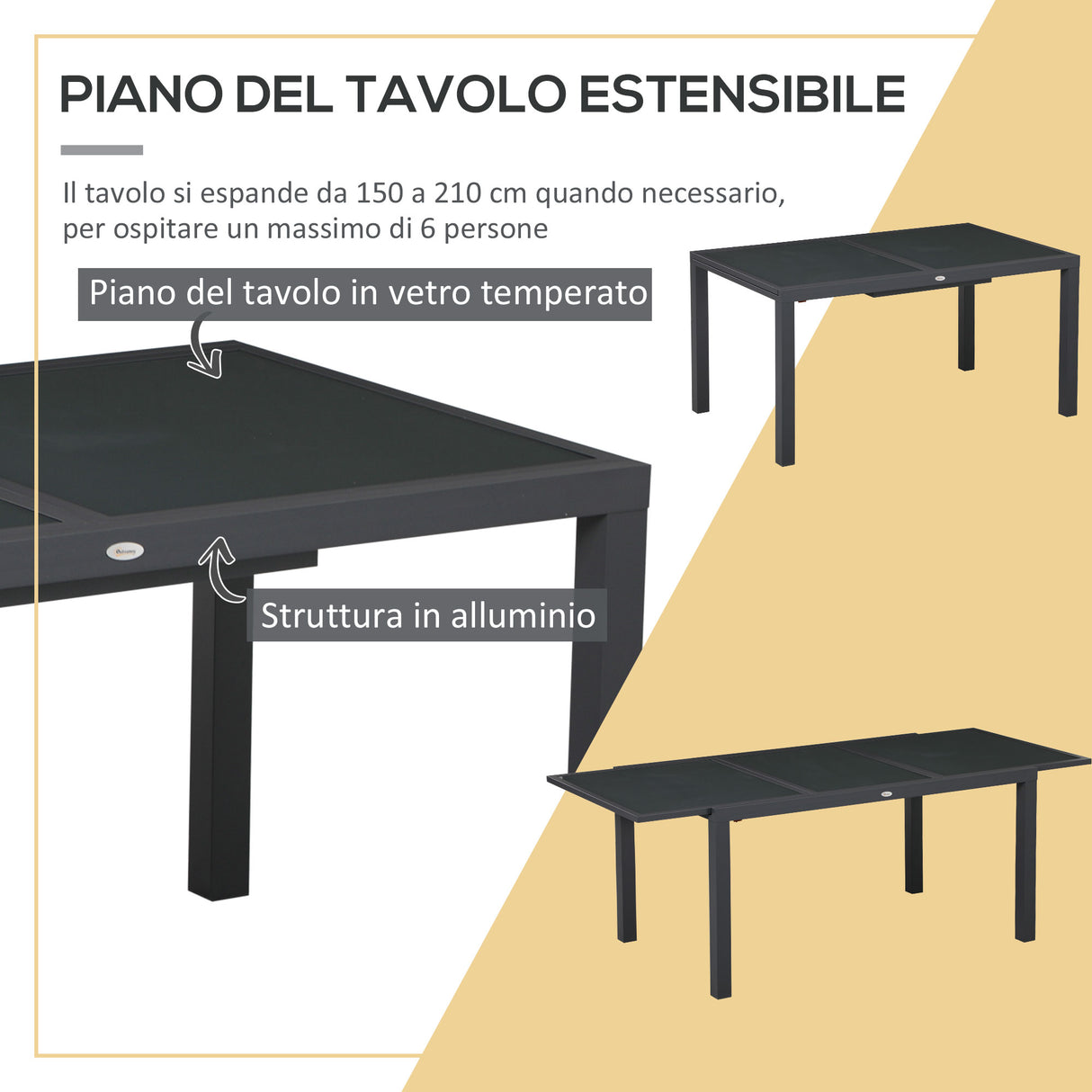 easycomfort easycomfort set da giardino con tavolo allungabile in vetro e 6 sedie con seduta traspirante grigio scuro