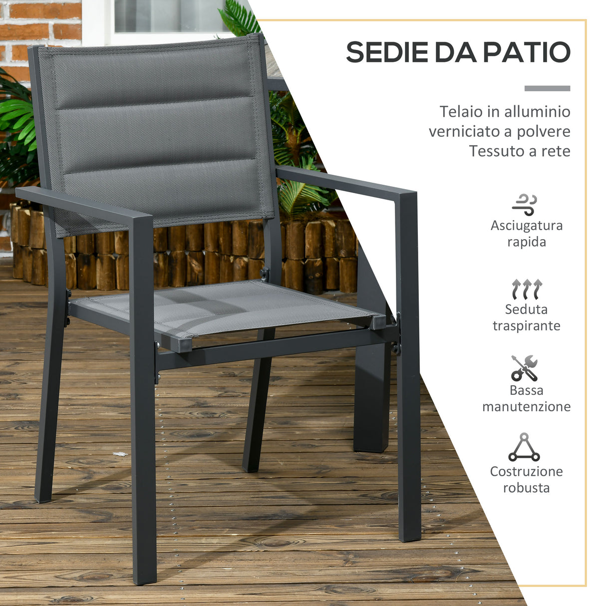 easycomfort easycomfort set da giardino con tavolo allungabile in vetro e 6 sedie con seduta traspirante grigio scuro