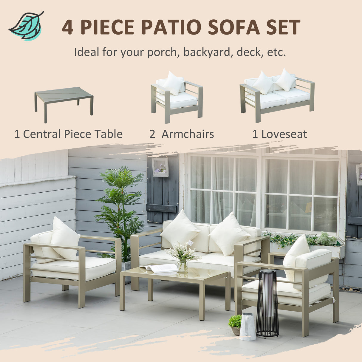 easycomfort easycomfort set giardino 4 pezzi con divanetto 2 poltrone e tavolino con cuscini sfoderabili oro