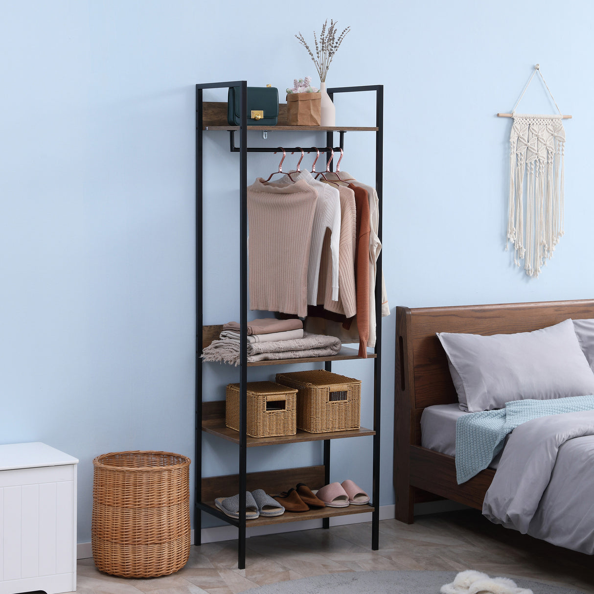 easycomfort easycomfort appendiabiti da terra con 1 asta e 4 ripiani aperti in truciolato e acciaio 60x40x180 cm marrone