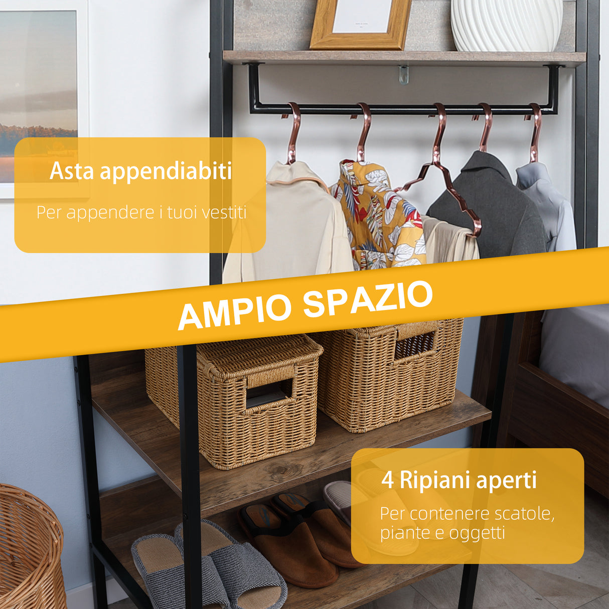 easycomfort easycomfort appendiabiti da terra con 1 asta e 4 ripiani aperti in truciolato e acciaio 60x40x180 cm marrone