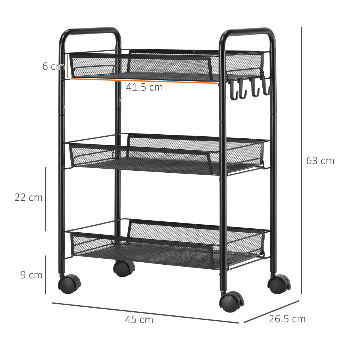 easycomfort easycomfort carrello da cucina a 3 livelli con cesti removibili e 4 ruote in acciaio e plastica pp 41 5lx26 5x63 cm nero