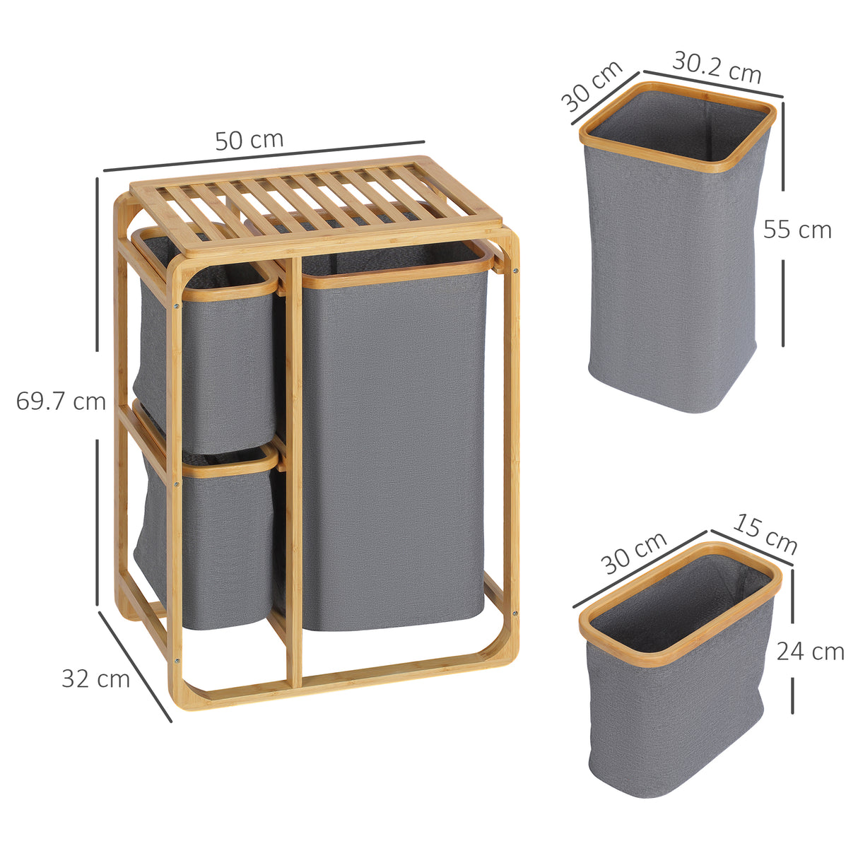 easycomfort easycomfort cesto portabiancheria con 3 scomparti estraibili in tessuto e bambu 50x32x69 7cm
