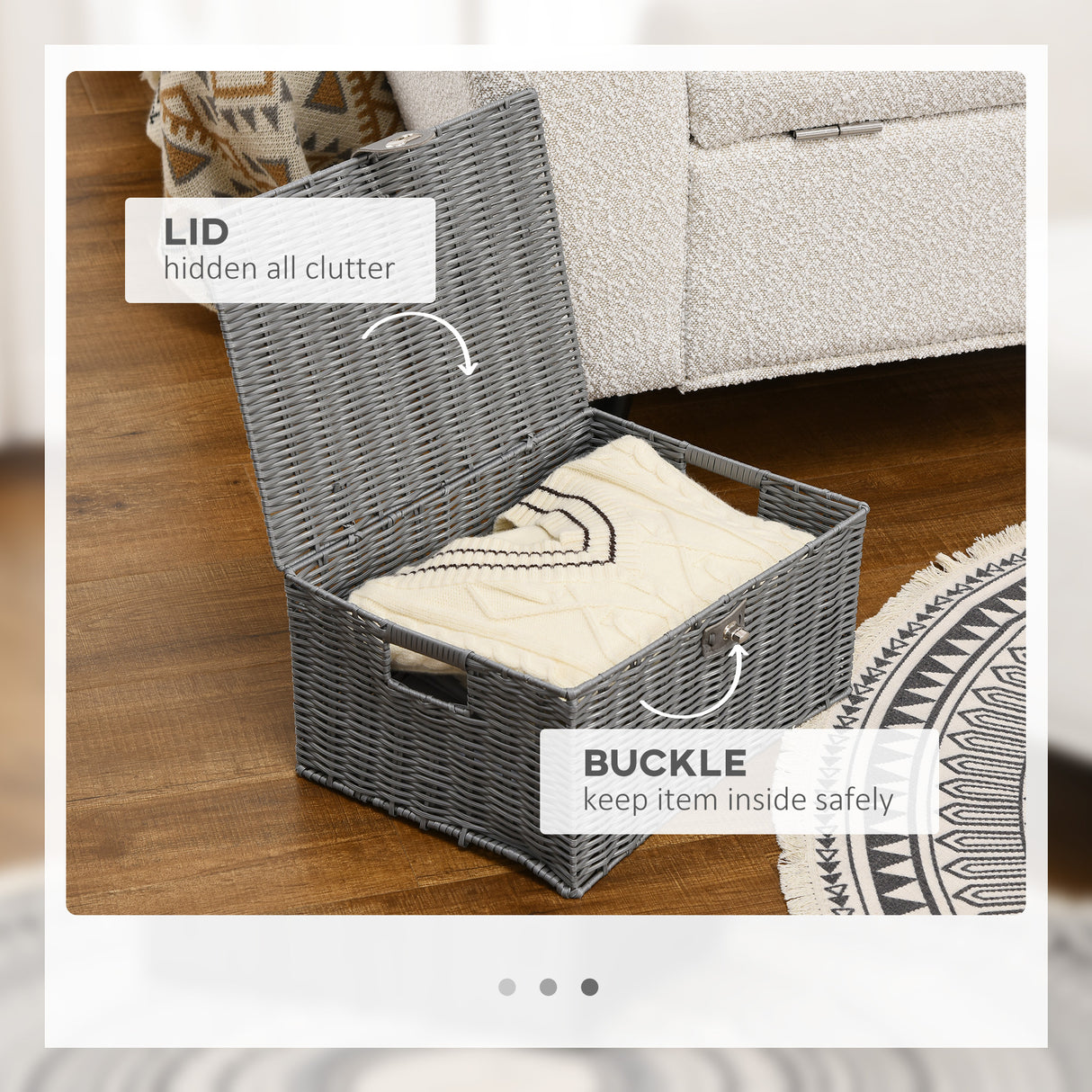 easycomfort easycomfort set di 3 cesti in vimini pp con coperchio di diverse dimensioni grigio