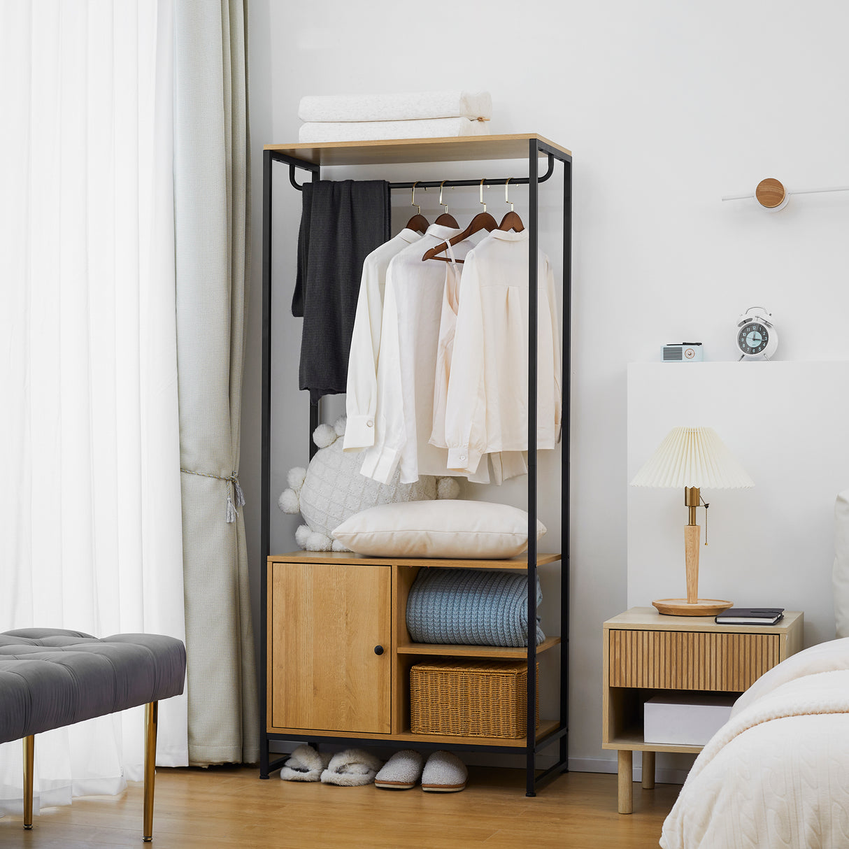 easycomfort easycomfort appendiabiti in acciaio e legno stile industriale con scarpiera e ripiani 80x40x180cm