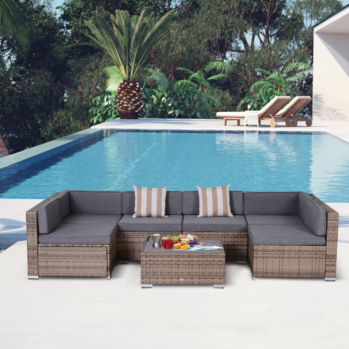easycomfort salotto da giardino in rattan da 7 pezzi con tavolino e divano modulabile con cuscini grigio