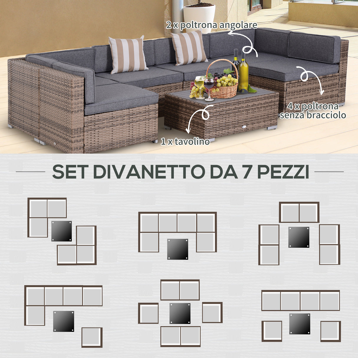 easycomfort salotto da giardino in rattan da 7 pezzi con tavolino e divano modulabile con cuscini grigio
