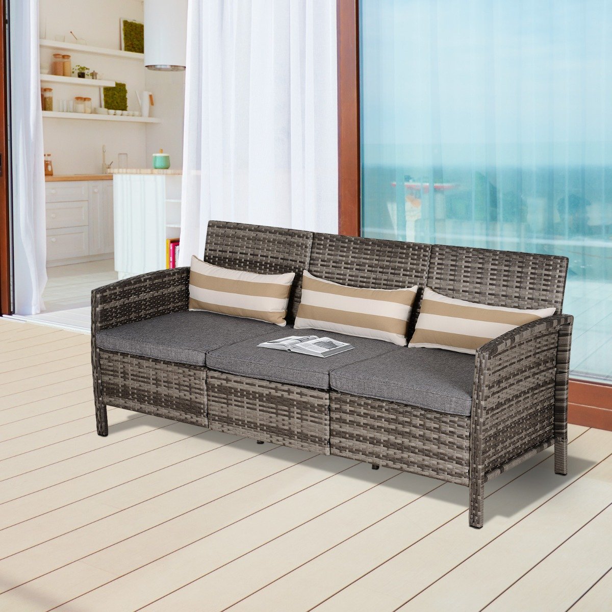 easycomfort easycomfort divano 3 posti da esterni in pe rattan con cuscini a righe grigio 173x68x78cm