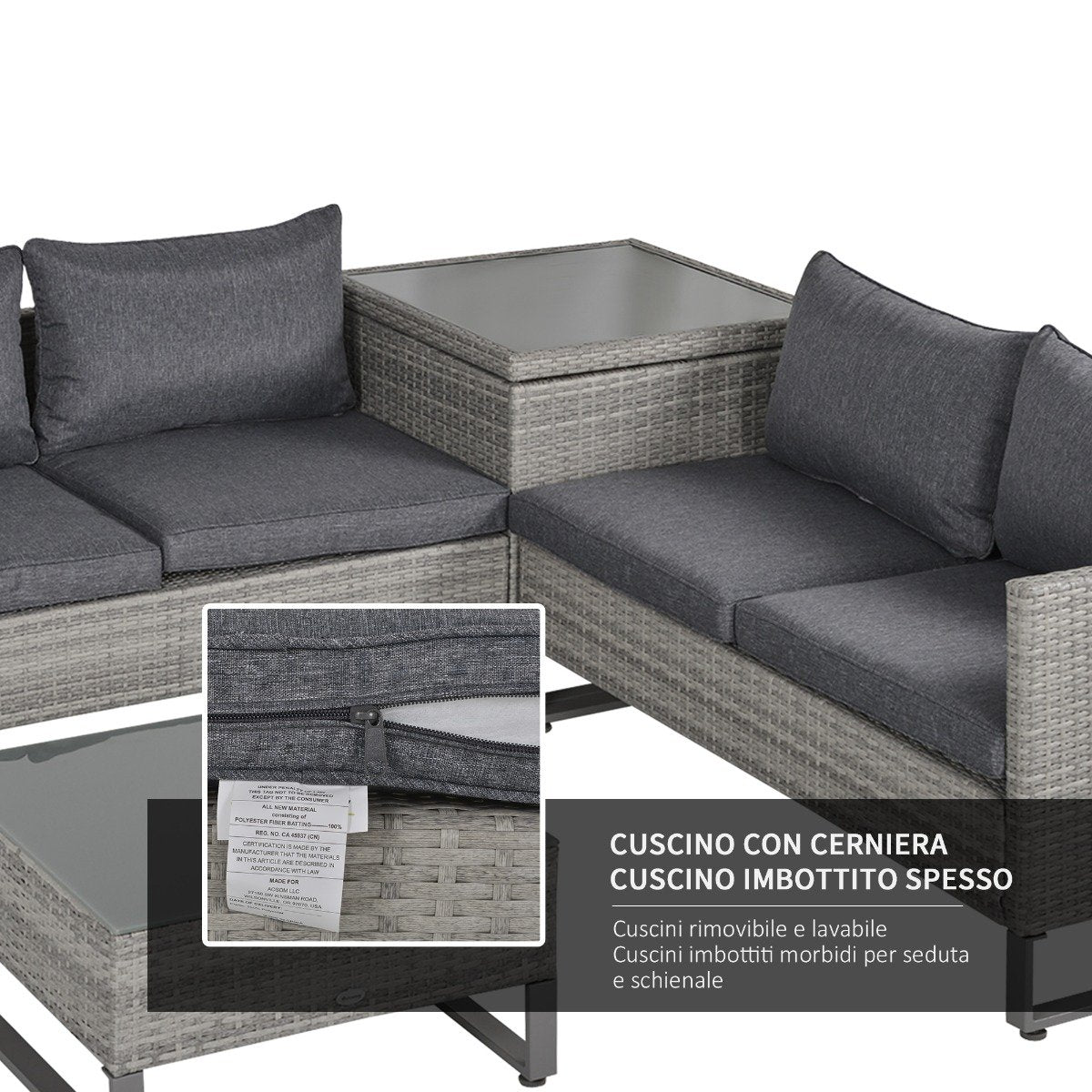 easycomfort easycomfort divano 3 posti da esterni in pe rattan con cuscini a righe grigio 173x68x78cm