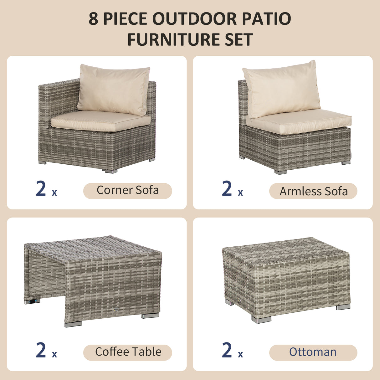 easycomfort salotto da giardino in rattan pe da 8 pezzi con poltrone tavolini e sgabelli beige grigio
