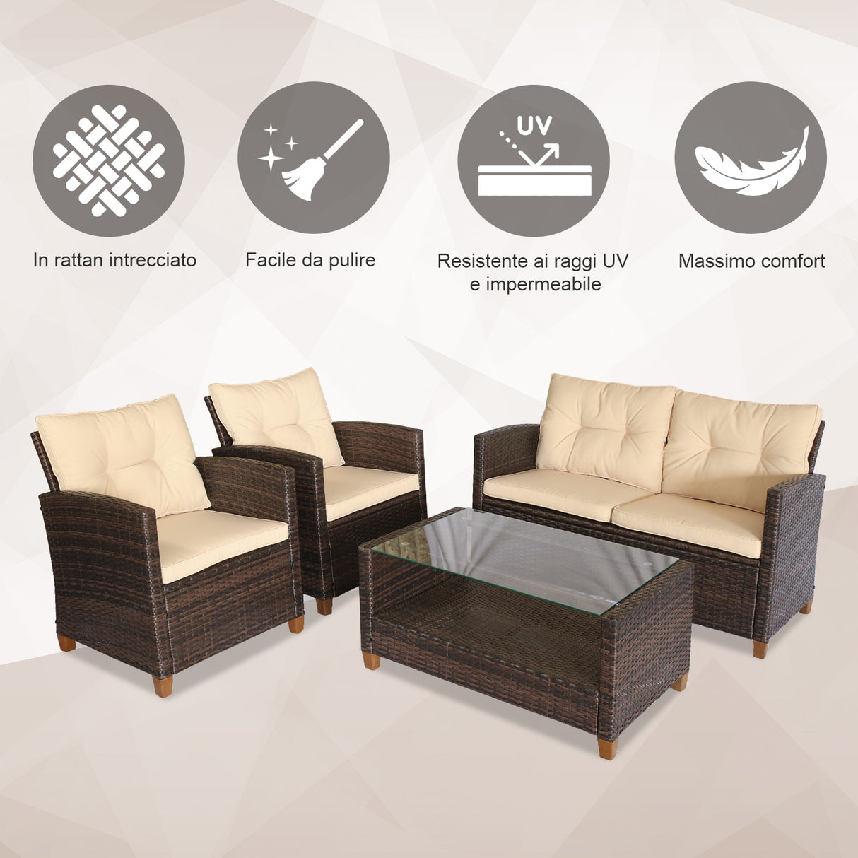 easycomfort set mobili da giardino 4 pezzi in rattan pe tavolino divano e poltrone marrone con cuscini beige