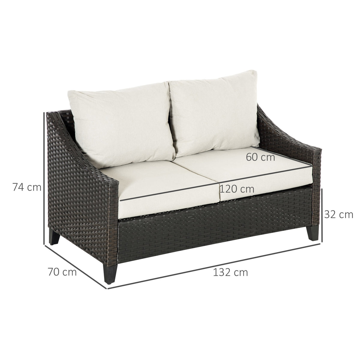 easycomfort divano da giardino 2 posti in rattan pe divano da esterno con cuscini imbottiti e piedini regolabili 132x70x74cm marrone