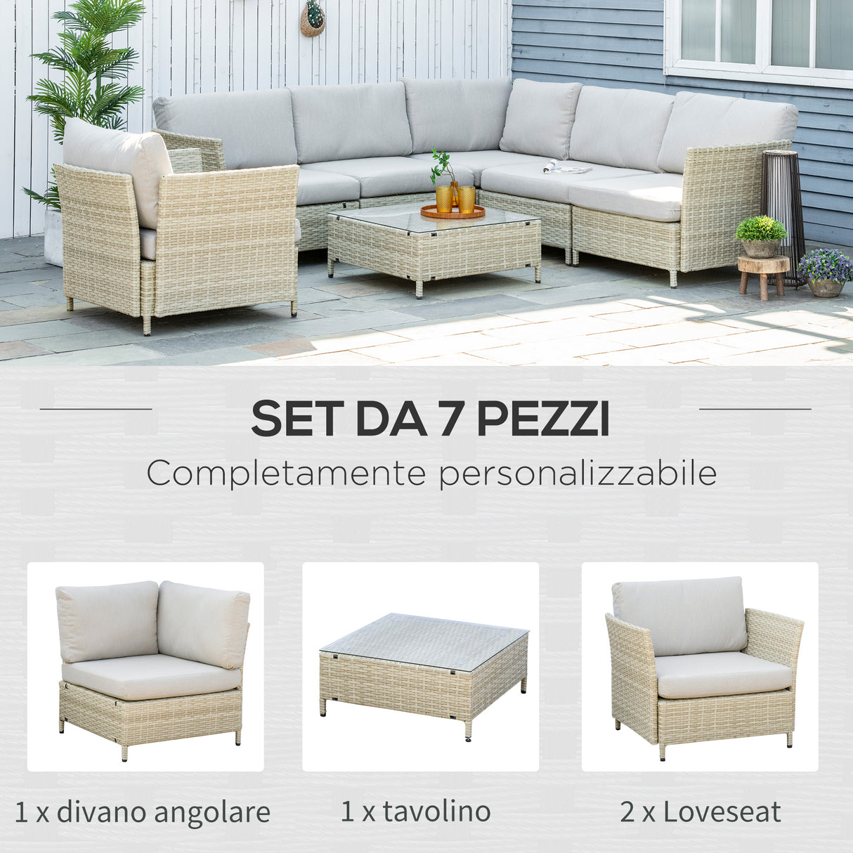 easycomfort easycomfort salotto da giardino 7 pezzi modulabile in rattan pe con cuscini beige