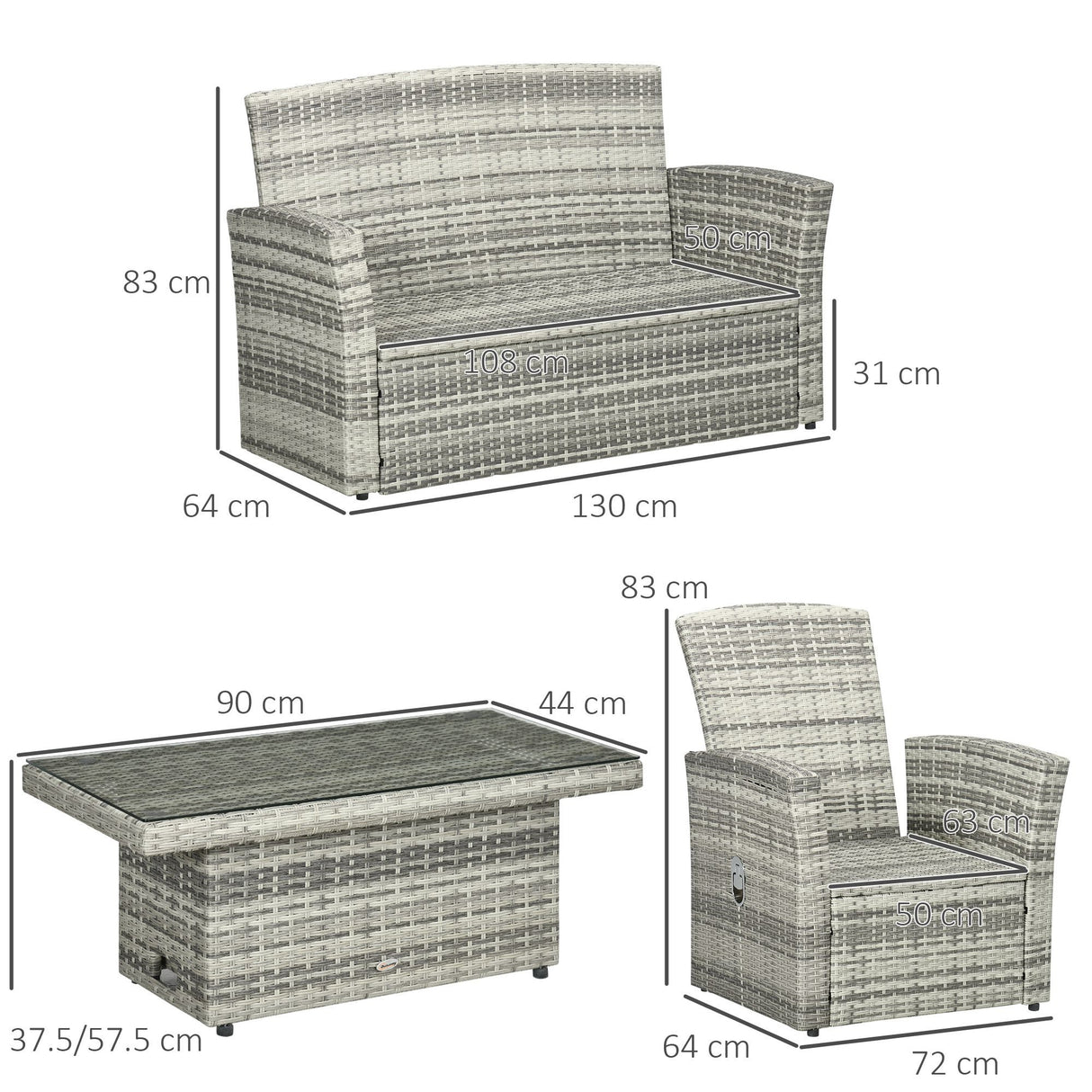 easycomfort easycomfort set da giardino 4pz in rattan grigio con tavolo ad altezza regolabile 2 poltrone reclinabili e divano 2 posti
